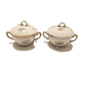 Set of 2 Vintage Carlsbad Austria Sugar Bowls Lids China Floral Gold Rimmed Flaw